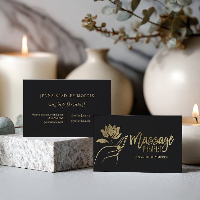 Modern Logotyp för massage av svarta och gula oljo Visitkort (Modern Black and Gold Foil Massage Therapist Logo Business Card)