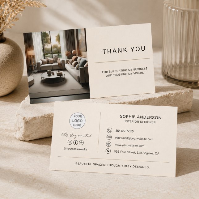 Modern logotyp för professionell inredningsdesigne tack kort (Modern Interior Designer Professional Logo Cream Thank You Card)