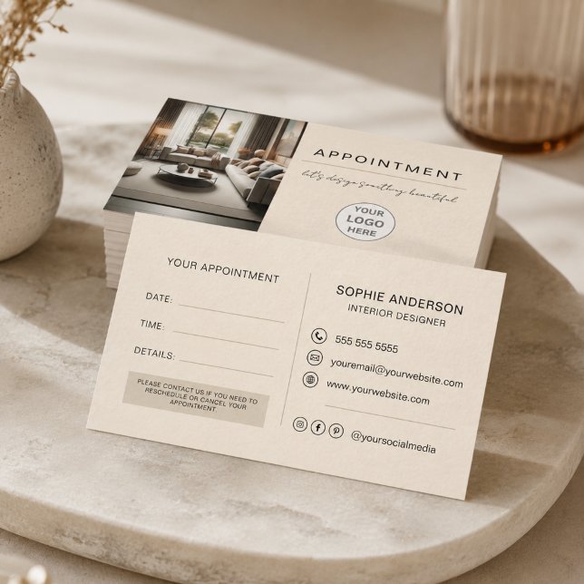 Modern logotyp för professionell inredningsdesigne tidsbeställning kort (Modern Interior Designer Professional Logo Cream Appointment Card)