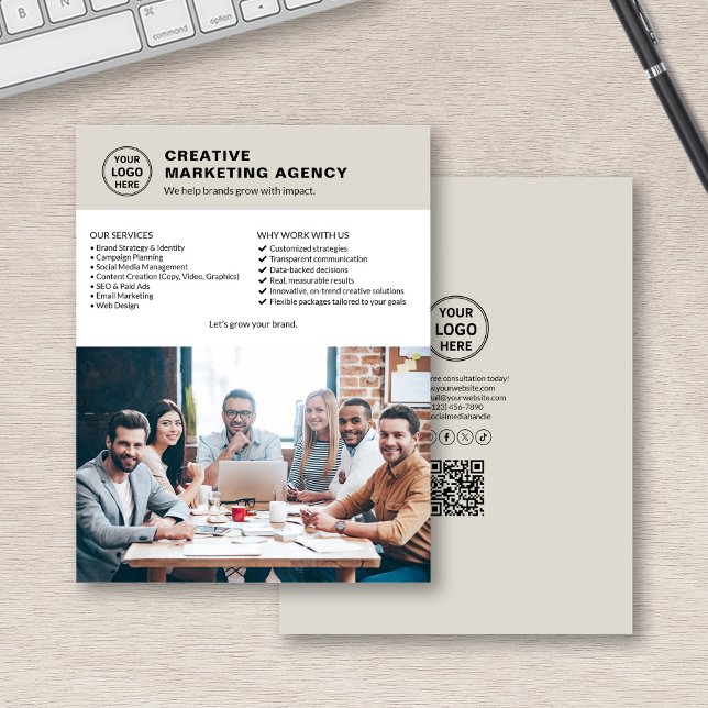 Modern Logotyp Foto QR Marknadsföring Business Reklamblad (Editable business flyer – clean layout, professional impact)