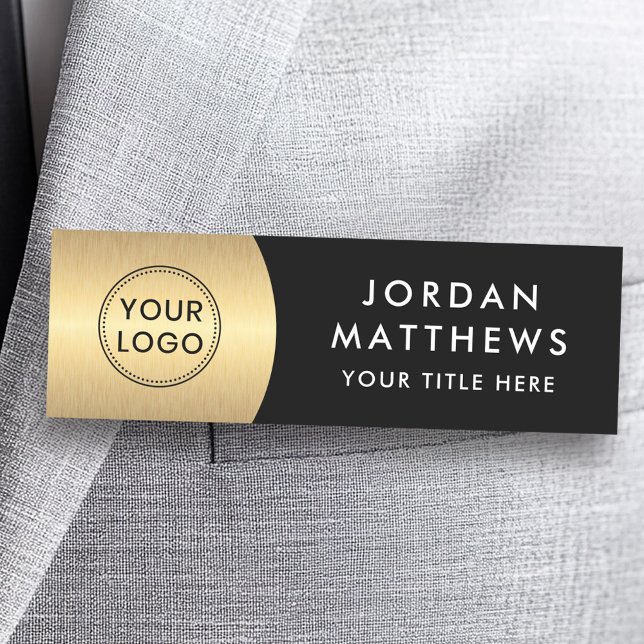 Modern logotyp, namn och gyllene övertoningssvarta namnbricka (Modern logo, name and title golden gradient black name tag)