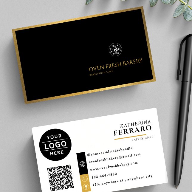 Modern Logotyp QR Code Black Guld Bakery Visitkort (Skapare uppladdad)
