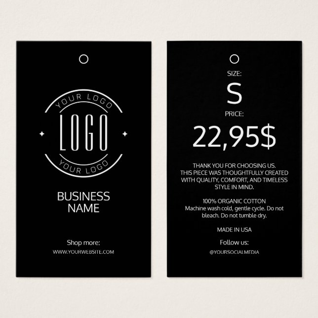 Modern logotyp svart vit klädetikett hängande märk visitkort (Framsida & baksida)