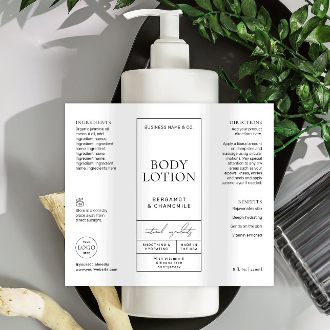 Modern Lotion Body Tvättar 8 OZ Cosmo Flaska-etike (Minimalist modern waterproof cosmetic bottle wrapper label with elegant serif and script fonts)
