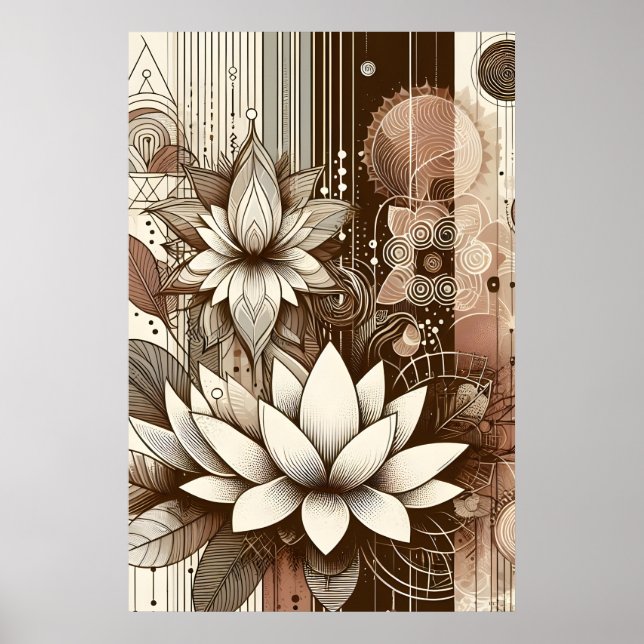 Modern Lotus Flowers i Sepia Poster (Framsidan)