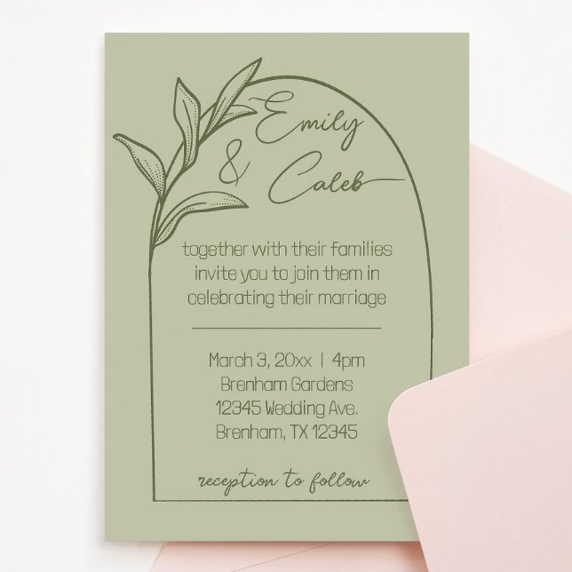 Modern Löv Arch Sage Grönt Bröllop Inbjudningar (wedding invitation sage green leaves arch cursive script. Calm, romantic, botanical leaf invite)