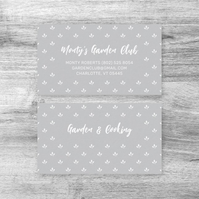 Modern Löv Mönster Grått och Vita | TELEFONKORT Visitkort (Modern elegant gardener calling card with hand sketched custom name and botanical pattern design.)