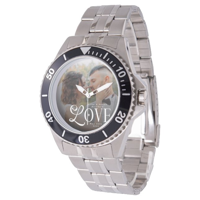 Modern Love Anpassad Bröllopsfoto Par Monogram Armbandsur (Vinklad)
