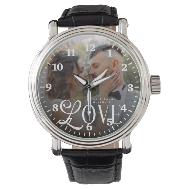 Modern Love Anpassad Bröllopsfoto Par Monogram Armbandsur (Framsida)
