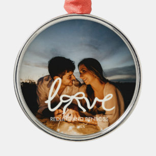 Modern Love Bow Typografi Par Anpassad Foto Wat Julgransprydnad Metall