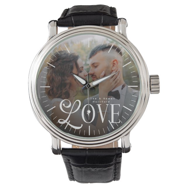 Modern Love Custom Wedding Photo Couples Monogram Armbandsur (Framsida)