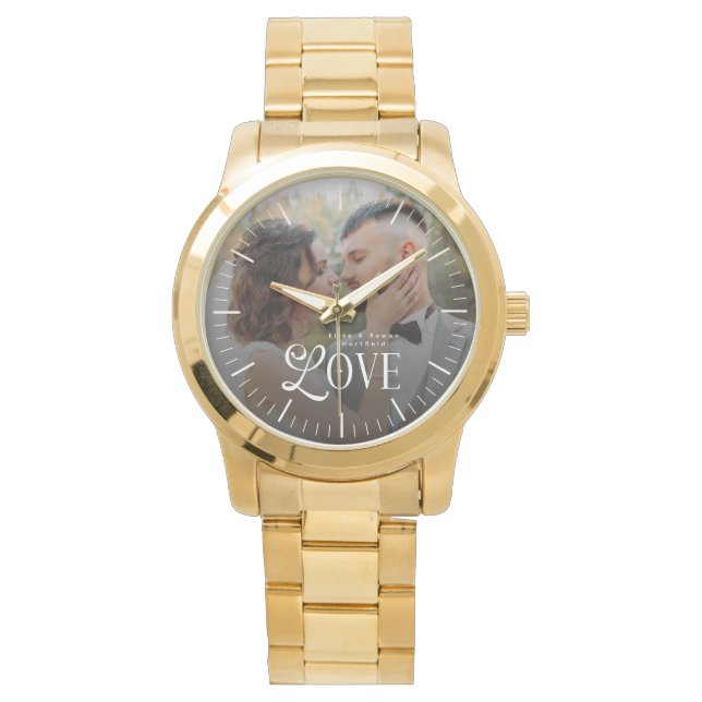 Modern Love Custom Wedding Photo Couples Monogram Armbandsur (Framsida)