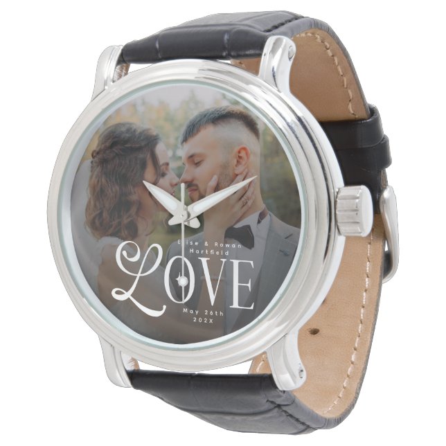 Modern Love Custom Wedding Photo Couples Monogram Armbandsur (Vinklad)