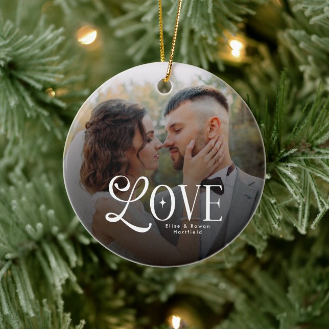 Modern Love Custom Wedding Photo Couples Monogram Julgransprydnad Keramik (Träd)