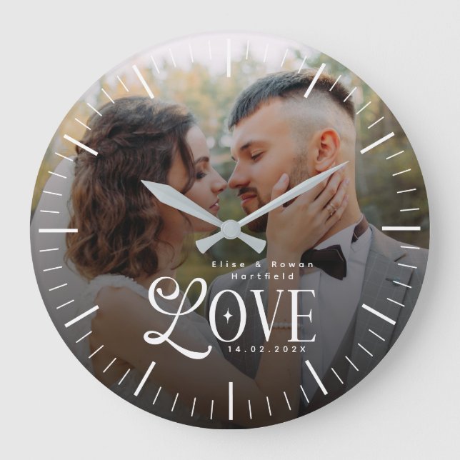 Modern Love Custom Wedding Photo Couples Newlyweds Stor Klocka (Framsida)