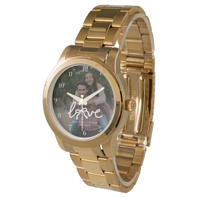 Modern Love Pil Typografi Par Anpassad Foto Armbandsur (Vinklad)