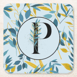 Modern Lövs Blue Guld "Brev P" Underlägg Papper Kvadrat