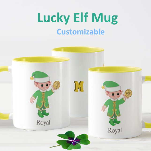 Modern Lucky Elf with Calligraphy & Monogram Mugg (Skapare uppladdad)