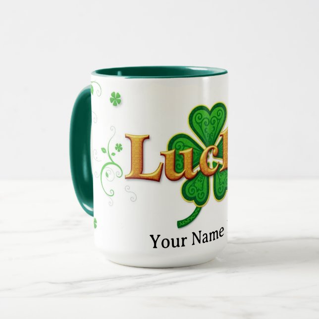 Modern Lucky Grön Mönstrad Shamrock Mugg (Framsida vänster)