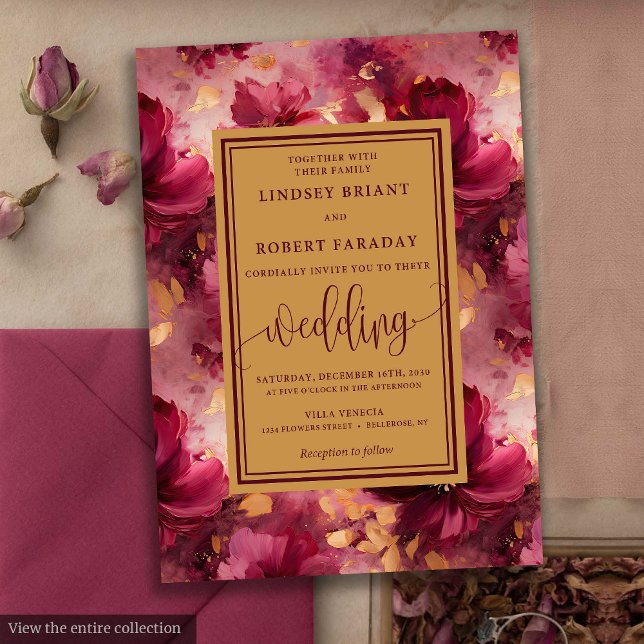 Modern Lux Deep Red  Guld Ro Bröllop Inbjudningar (Modern Lux Deep Red Blush Gold Roses Wedding Invitation)