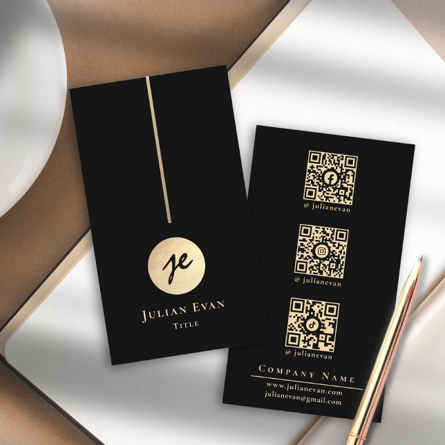 Modern Luxe Black & Guld Monogram Social Media Visitkort (Modern Luxe Black & Gold Monogram Social Media Business Card)