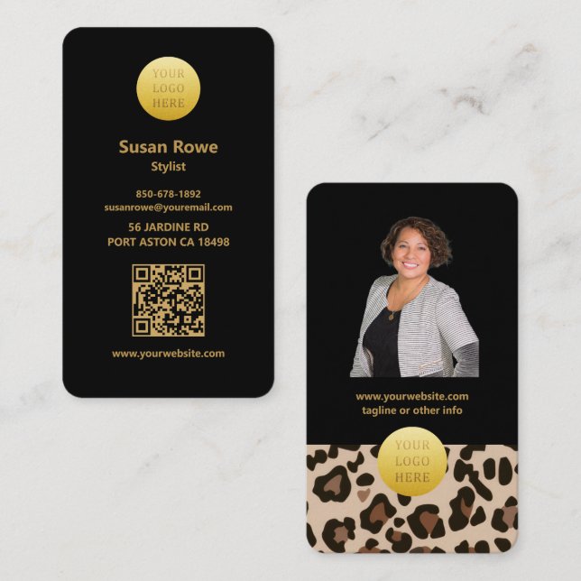 Modern Luxe Glam Leopard Pattern Black QR Code Visitkort (Fram/baksida)