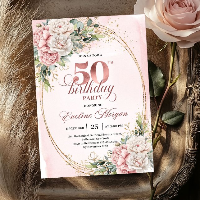 Modern Luxe Rose Gold 50th Birthday Party Invites Inbjudningar (Modern Luxe Rose Gold 50th Birthday Party Invitation)