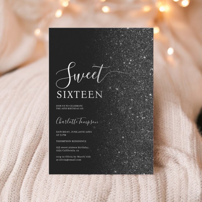 Modern luxuriös Chic Black Glitter Sweet 16 Inbjudningar (Modern Luxurious Chic Black Glitter Sweet 16 Invitation)