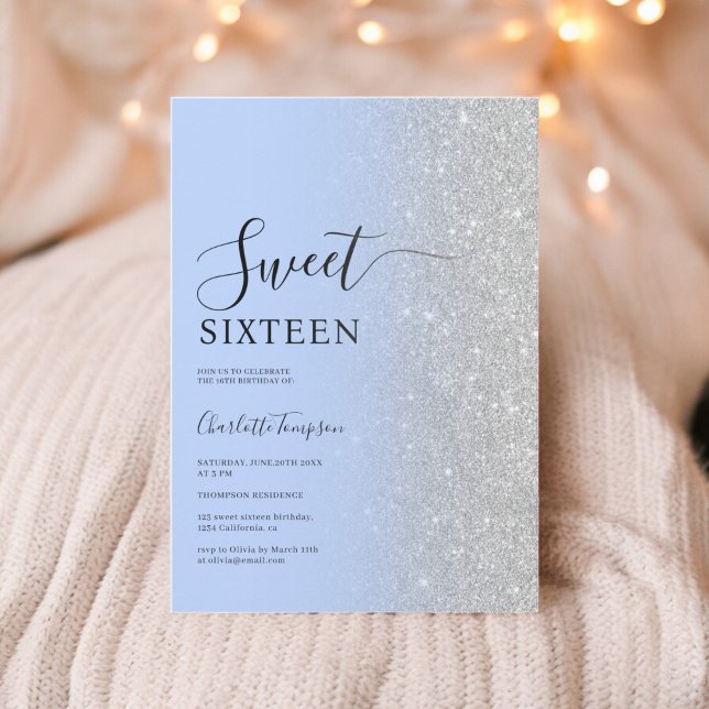 Modern Luxuriös Silver Glitter Ice Blue Sweet 16 Inbjudningar (Modern Luxurious Silver Glitter Ice Blue Sweet 16 Invitation)