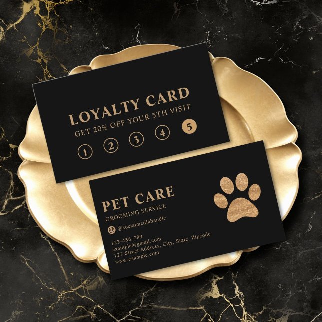 Modern Luxury Black Gold Pet Paw Loyalty Card Visitkort (professional premium black gold modern pet grooming service loyalty card)