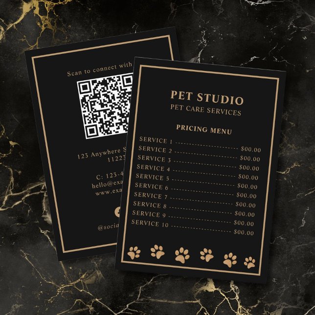 Modern Luxury Black Golden Paw Pet Care Pricing Meny (premium looking black gold modern luxury personalized pet care pricing menu card)