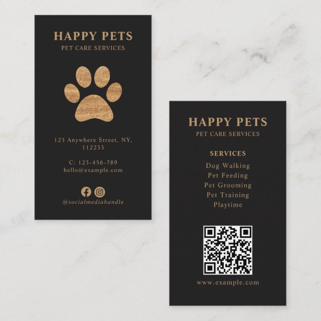 Modern Luxury Charcoal Gold Paw Pet Care Services Visitkort (Fram/baksida)