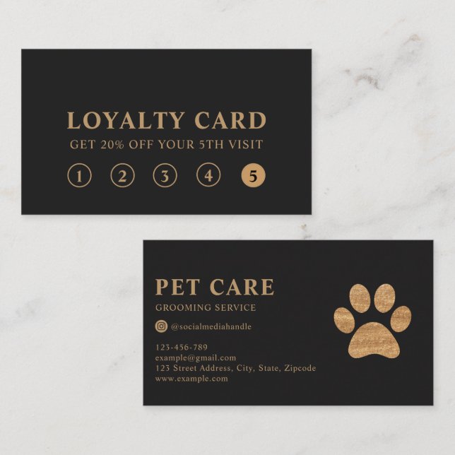 Modern Luxury Charcoal Gold Pet Paw Loyalty Card Visitkort (Fram/baksida)