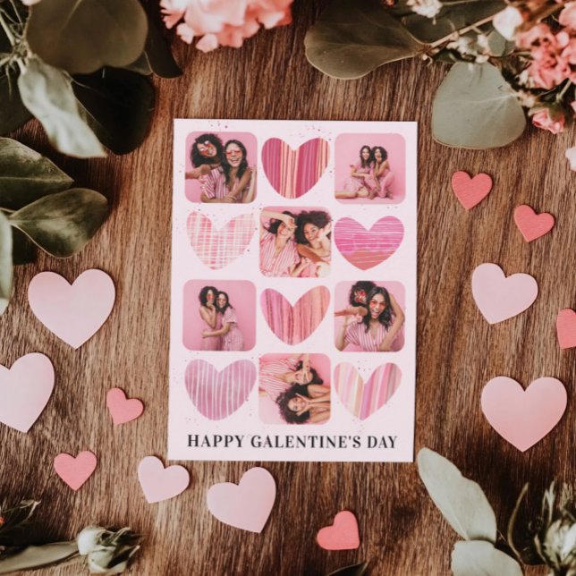 Modern Lycklig Galentine Rosa Hearts & Photo Julkort (Skapare uppladdad)
