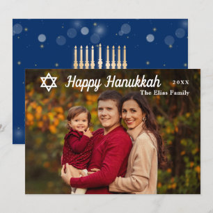 Modern Lycklig Hanukkah Blue och Guld Photo Julkort