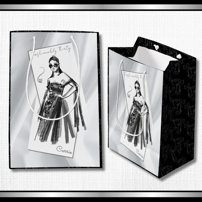 Modern Lyx 30-års Födelsedagsmode (Haute couture 30th birthday gift bag featuring a dramatic black gown sketch.)