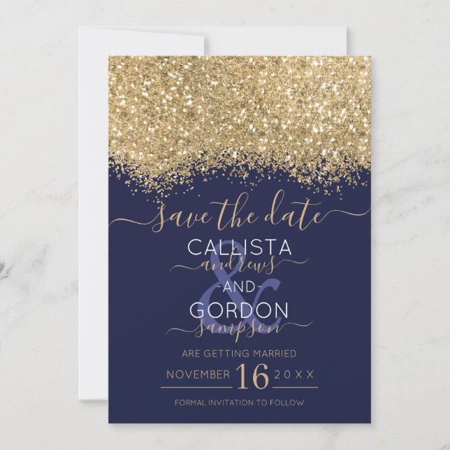 Modern Lyx Guld Marin Glitter Konfetti Bröllop Spara Datumet (Framsida)