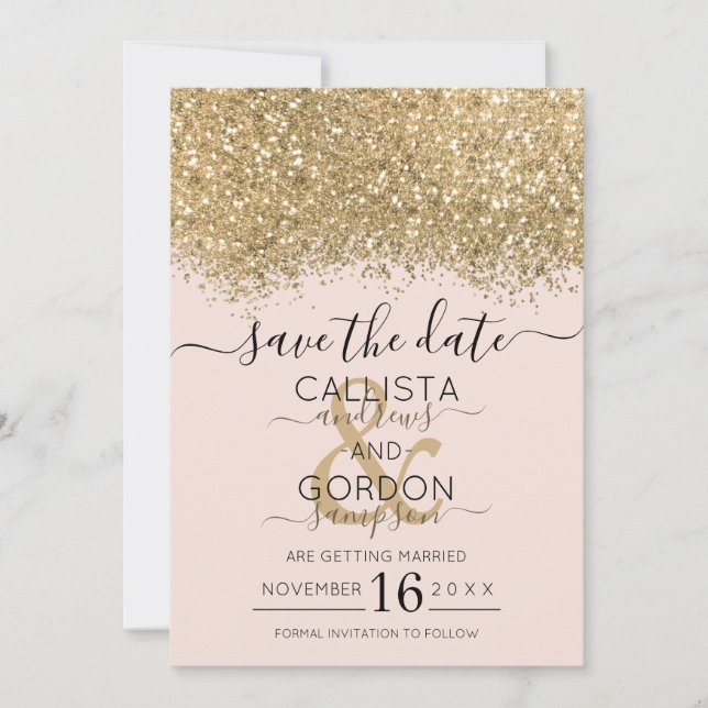 Modern Lyx Guld Rosa Glitter Konfetti Bröllop Spara Datumet (Framsida)