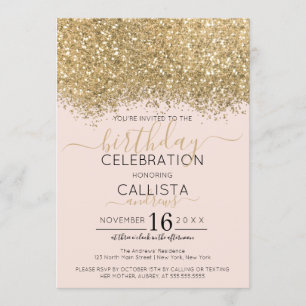 Modern Lyx Guld Rosa Glitter Konfetti Födelsedag Inbjudningar