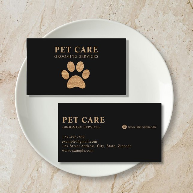 Modern Lyx Guld Svart Tass Husdjur Grooming Visitkort (modern black gold paw pet grooming business card)