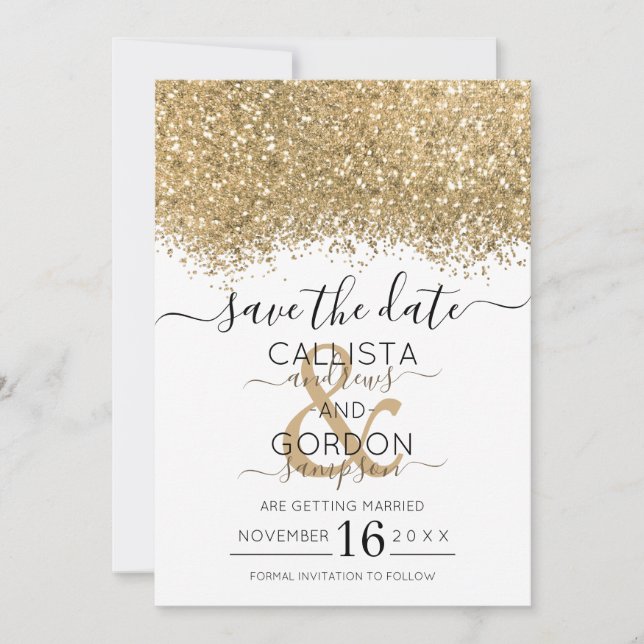 Modern Lyx Guld Vit Glitter Konfetti Bröllop Spara Datumet (Framsida)