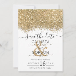 Modern Lyx Guld Vit Glitter Konfetti Bröllop Spara Datumet