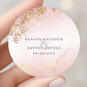 Modern Lyx Guldfläckar Rosa Bröllop Runt Klistermärke