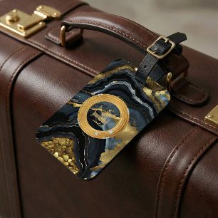 Modern Lyx Svart Guld Agat Marmor Monogram Bagagebricka