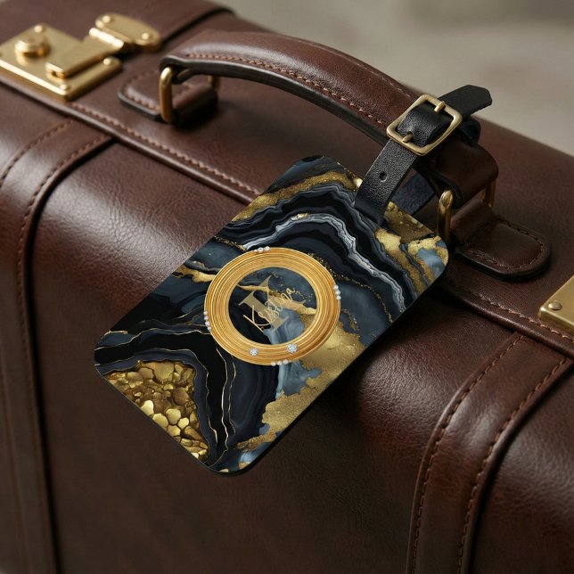 Modern Lyx Svart Guld Agat Marmor Monogram Bagagebricka (Skapare uppladdad)