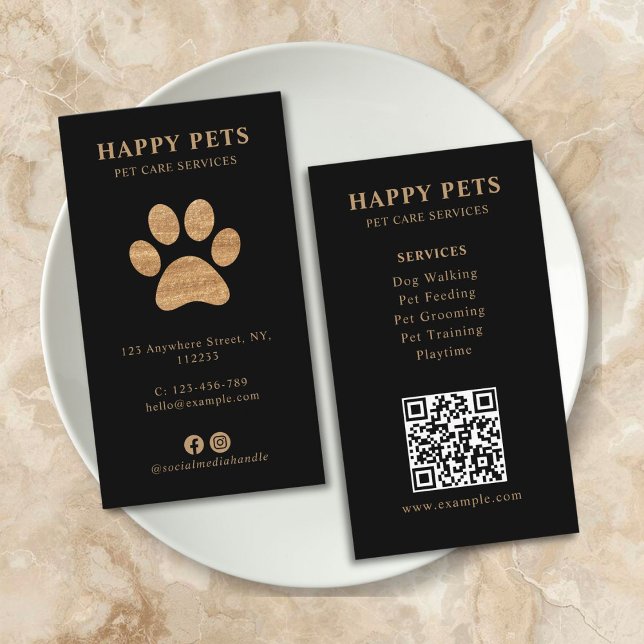Modern Lyx Svart Guld Tass Husdjurstjänster Visitkort (qr code personalized pet grooming service business card)
