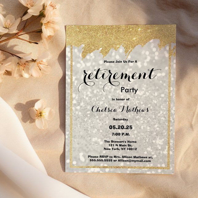 Modern lyx, vit guld glitter Pension Party Inbjudningar (Modern luxury white gold glitter Retirement Party )