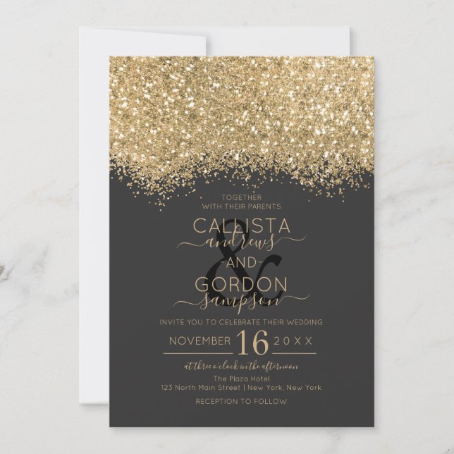 Modern lyxiury Guld Black Glitter Confetti Bröllop Inbjudningar (Framsida)