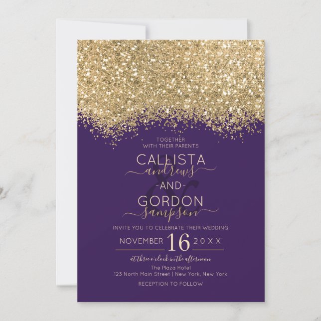 Modern lyxiury Guld Violet Glitter Confetti Bröllo Inbjudningar (Framsida)