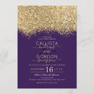 Modern lyxiury Guld Violet Glitter Confetti Bröllo Inbjudningar